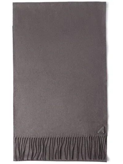 Prada Logo-plaque Silk-cashmere Scarf In Grey