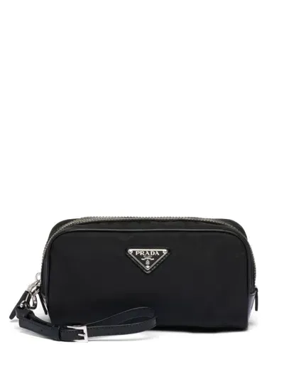 Prada Logo-plaque Zipped Wash Bag In Nero