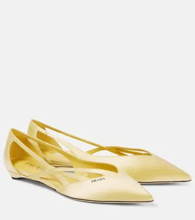 Prada Logo Satin Ballet Flats In Yellow