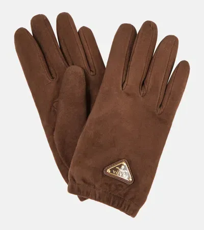 Prada Logo Suede Gloves In Burgundy