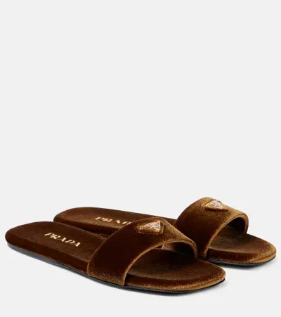 Prada Logo Velvet Slides In Brown