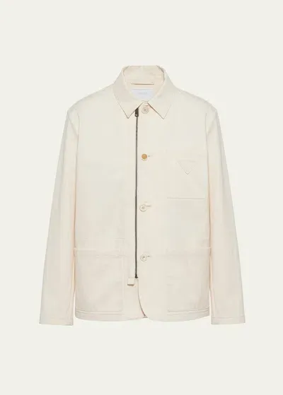 Prada Herringbone Cotton Shirt Jacket In Naturale