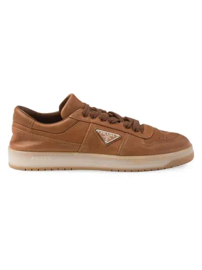 Prada Downtown Logo-plaque Leather Low-top Trainers In Brown