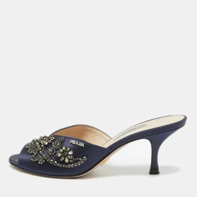 Pre-owned Prada Navy Blue Satin Crystal Embellished Slide Sandals Size 38