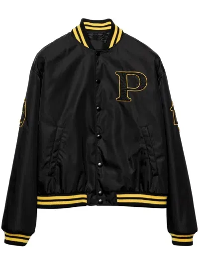 Prada Re-nylon Bomber Jacket With Patch In Black