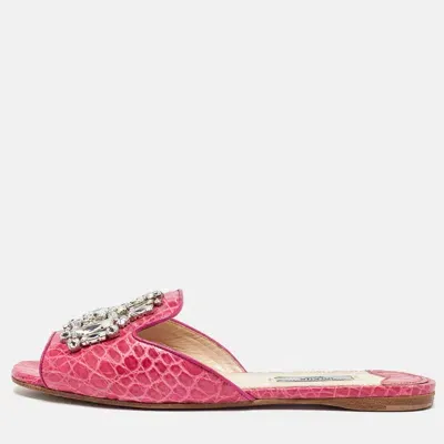 Pre-owned Prada Pink Crocodile Crystal Embellished Flat Slides Size 37.5