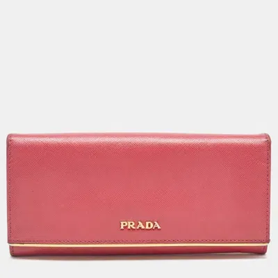 Pre-owned Prada Pink Saffiano Leather Metal Flap Continental Wallet