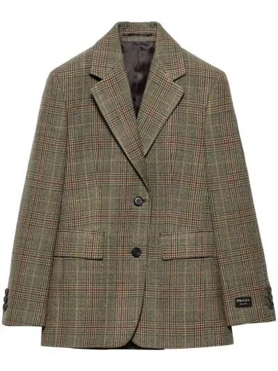 Prada Prince Of Wales Checked Wool Blazer In Green