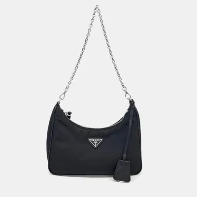 Pre-owned Prada Re-nylon Tesuto Chain Hobo Bag In Black