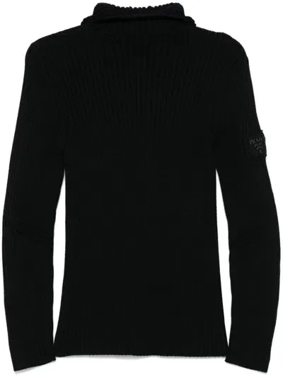 Prada Ribbed-knit Hoodie In Black