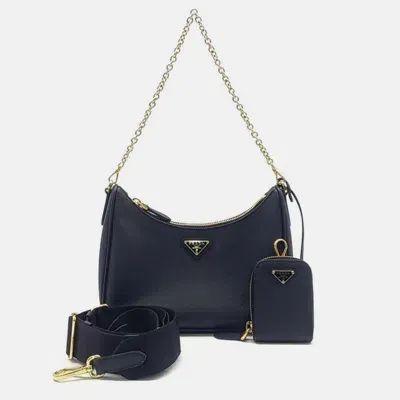 Pre-owned Prada Saffiano Luxe Chain Hobo Bag In Black