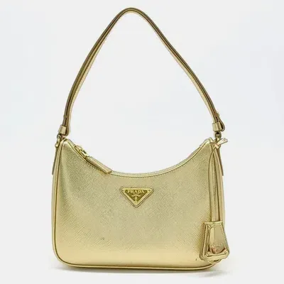 Pre-owned Prada Saffiano Tesuto Hobo Bag In Gold