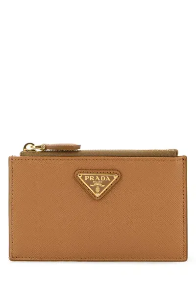 Prada Sand Leather Card Holder In Naturale