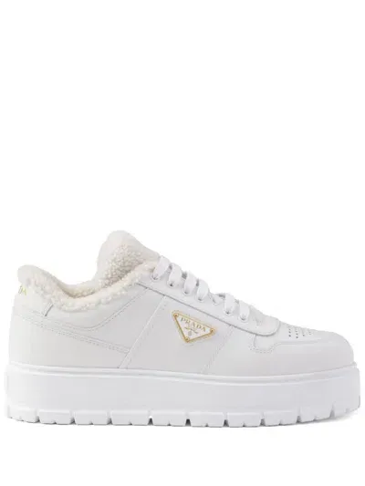 Prada Shearling Leather Sneakers In 白色