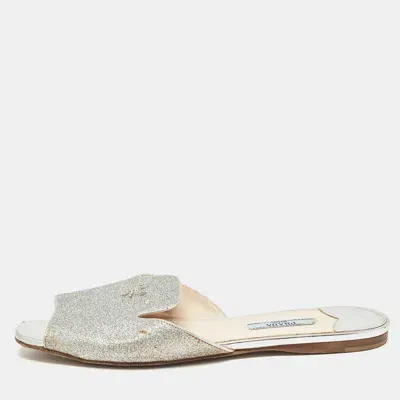 Pre-owned Prada Silver Glitter Slide Flats Size 39