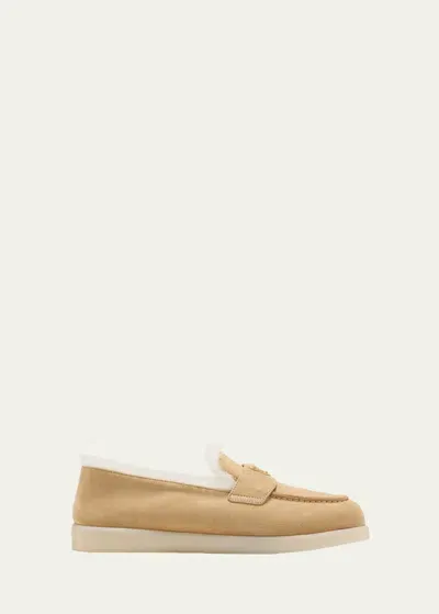 Prada St Tropez Suede Shearling Loafers In Ecru