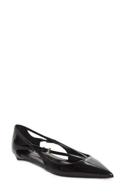 Prada Strappy Pointed Toe Ballet Flat In Black