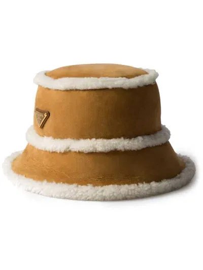 Prada Suede Shearling Bucket Hat In Brown