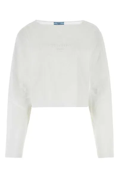 Prada Logo Embossed Boat Neck Sweatshirt In White