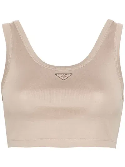 Prada Triangle-logo Crop Top - Women's - Cotton In Brown