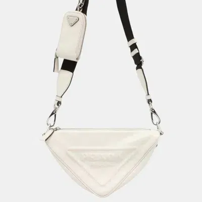 Pre-owned Prada Triangle Embossed Leather White Shoulder Bag