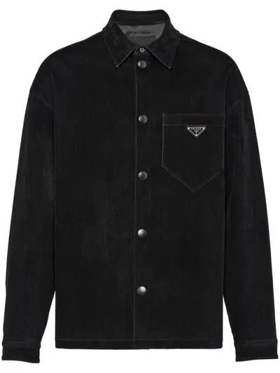 Prada Jeanshemd Mit Logo-schild In Black