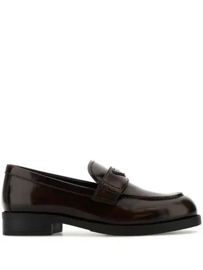 Prada Enamel Triangle-logo Loafers In Burnt Chile