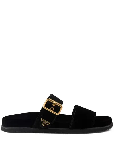 Prada Triangle-logo Velvet Slides In Black