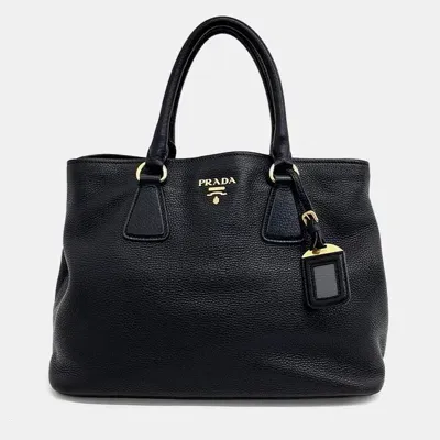 Pre-owned Prada Vitello Dino Tote And Shoulder Bag In Black