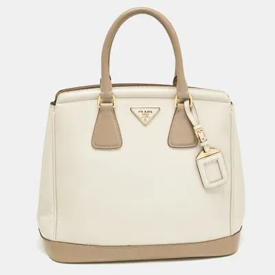 Pre-owned Prada White/khaki Saffiano Leather Parabole Tote