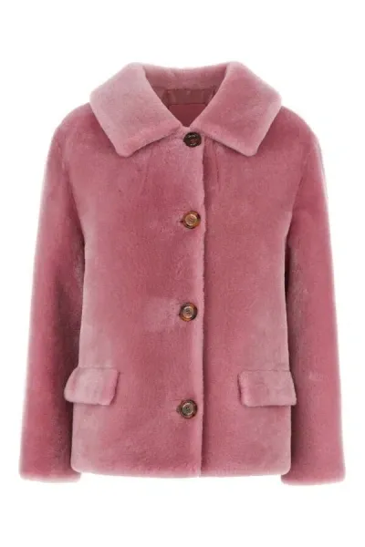 Prada Logo Patch Shearling Jacket In Pink