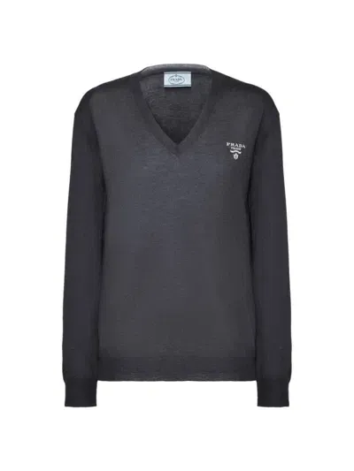 Prada Cashmere V-neck Sweater In Grey