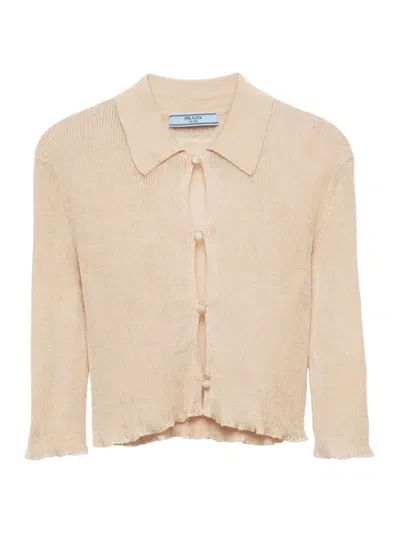 Prada Button-embellished Slim-fit Cotton-knit Cardigan In Beige Khaki