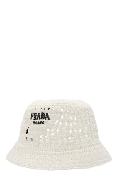 Prada Logo Raffia Bucket Hat In White