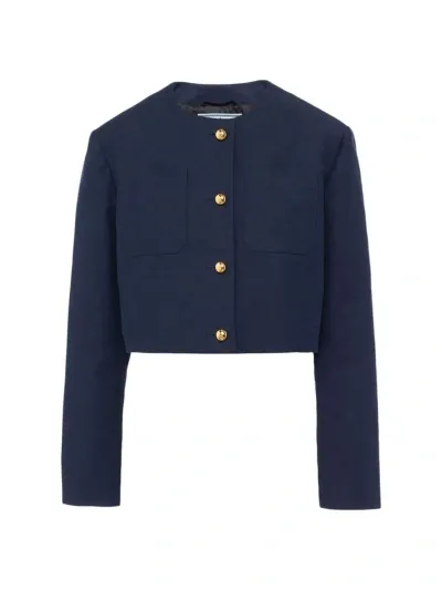 Prada Womens Blue Single-breasted Tricotine-weave Wool Jacket