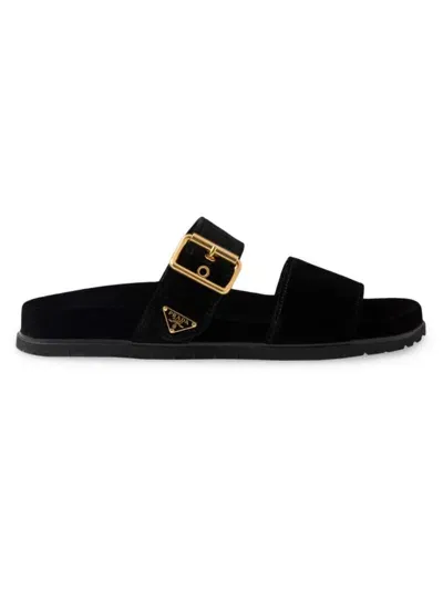 Prada Womens Black Brand-plaque Buckled Velvet Sliders