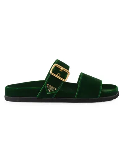 Prada Enamel Triangle-logo Velvet Slides In Green