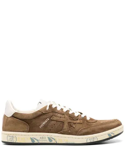 Premiata Eric Sneakers In Perforated Brown Suede And Beige Suede Inserts