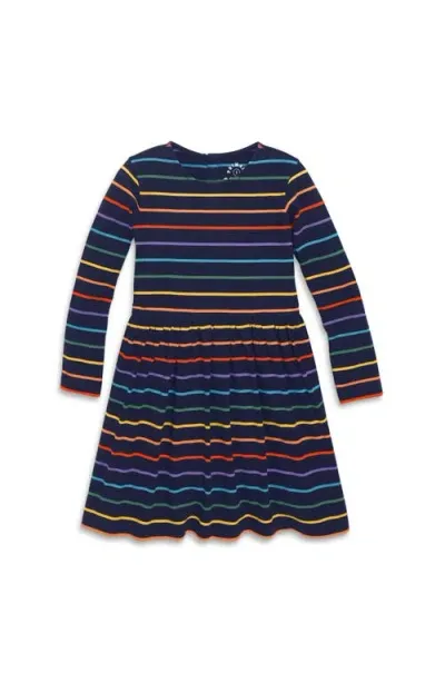 Primary Kids'  Long Sleeve Perfect Pocket Dress In Rainbow Stripe In Navy Mini Rainbow Stripe