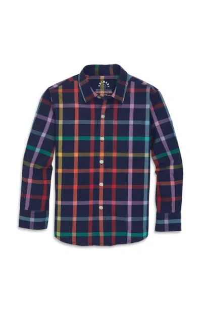 Primary Long Sleeve Rainbow Plaid Button Down In Navy Rainbow Plaid