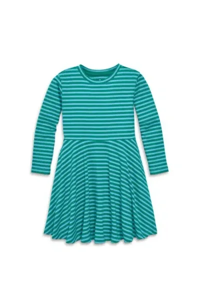 Primary Long Sleeve Twirly Dress In Mini Stripe In Teal Lagoon Stripe