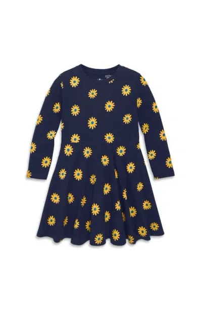 Primary Kids'  Long Sleeve Twirly Dress In Sunflowers In Navy Sunflowers