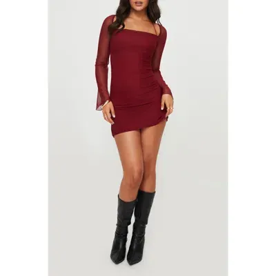 Princess Polly Bilbao Long Sleeve Mesh Minidress In Burgundy