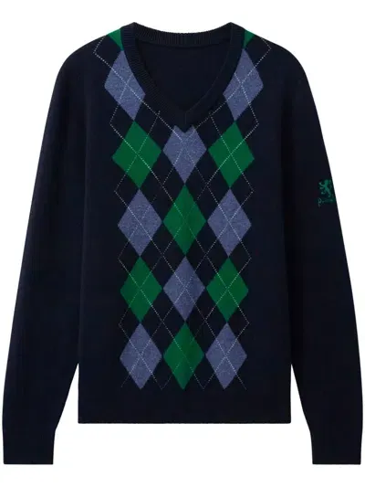 Pringle Of Scotland Argyle Wool V-neck Sweater In Blue