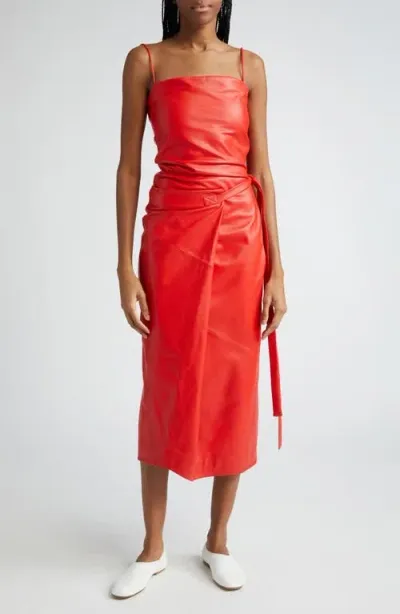 Proenza Schouler Ruched Leather Midi Dress In Vermillion