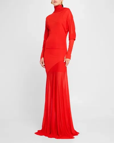 Proenza Schouler Paula Turtleneck Sheer Crepe Jersey Maxi Dress In Red