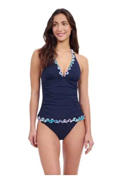 Profile By Gottex Harmony Halter Tankini Solid Tricolore Swim Top In Navy