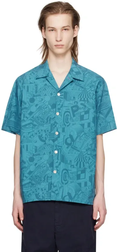 Ps By Paul Smith Blue Pattern Shirt In 46 Blues