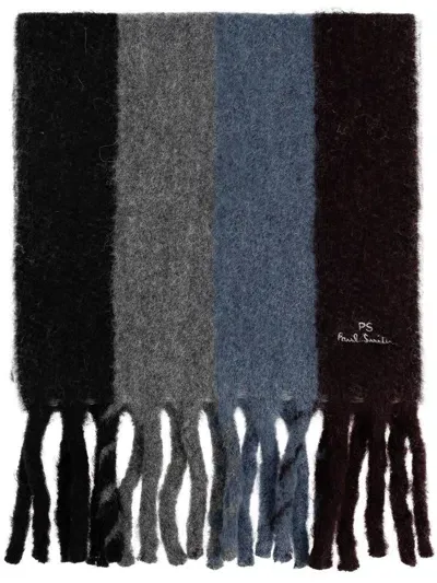 Ps By Paul Smith Striped Wool Blend Scarf With Fringes In Black