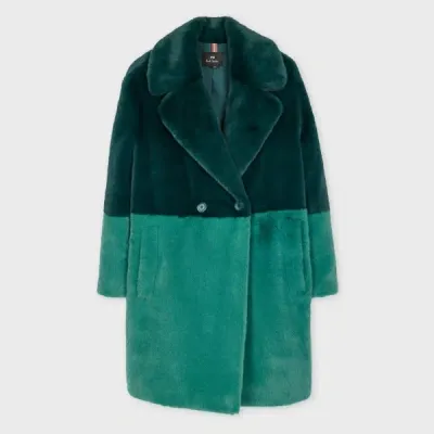 Ps By Paul Smith Women's Teal And Peacock Blue Faux Fur Colourblock Coat